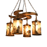 Lámpara de araña cilíndrica de metal vintage de bronce con 4 luces para comedor con estante de madera y tela